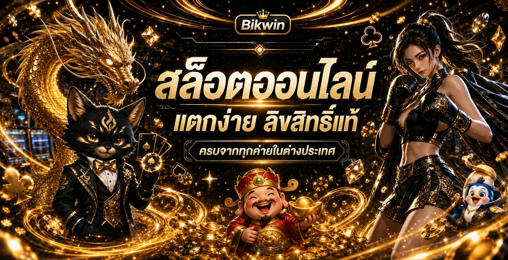 Bikwin สล็อตพร้อมตัวละครเกมและธีมดำทอง